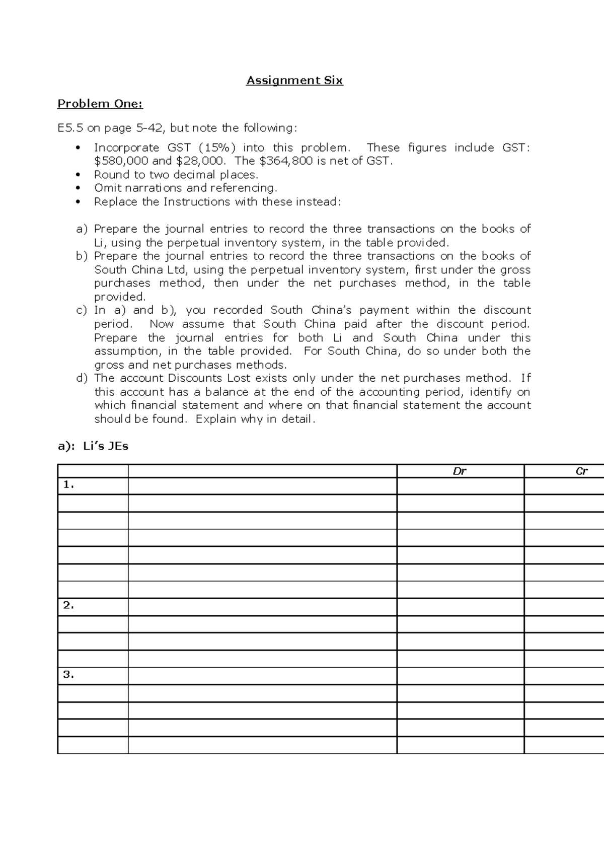 Sem 2 Assignment 06 Problems - Assignment Six Problem One: E5 on page 5 ...