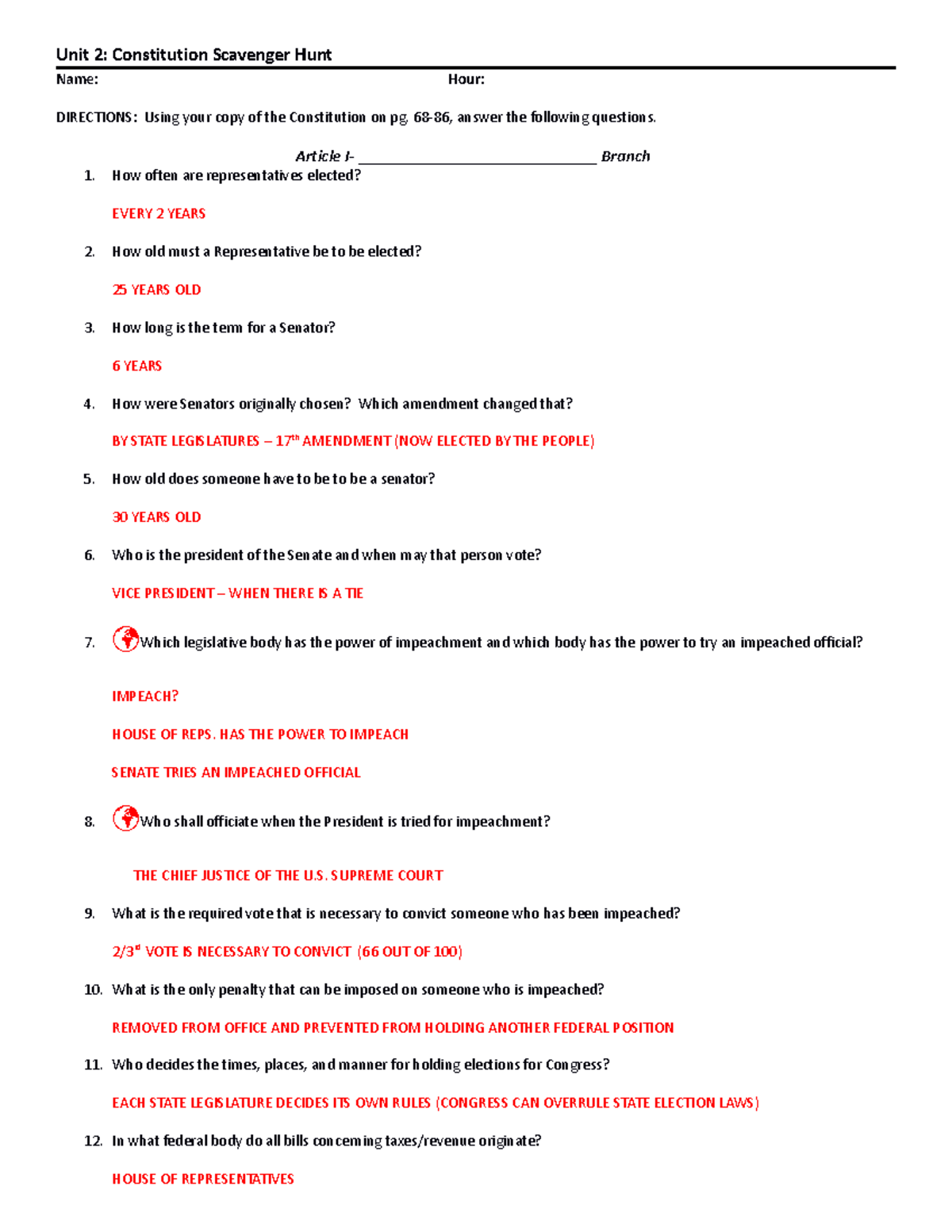 Constitution scavenger hunt key Unit 2 Constitution Scavenger Hunt