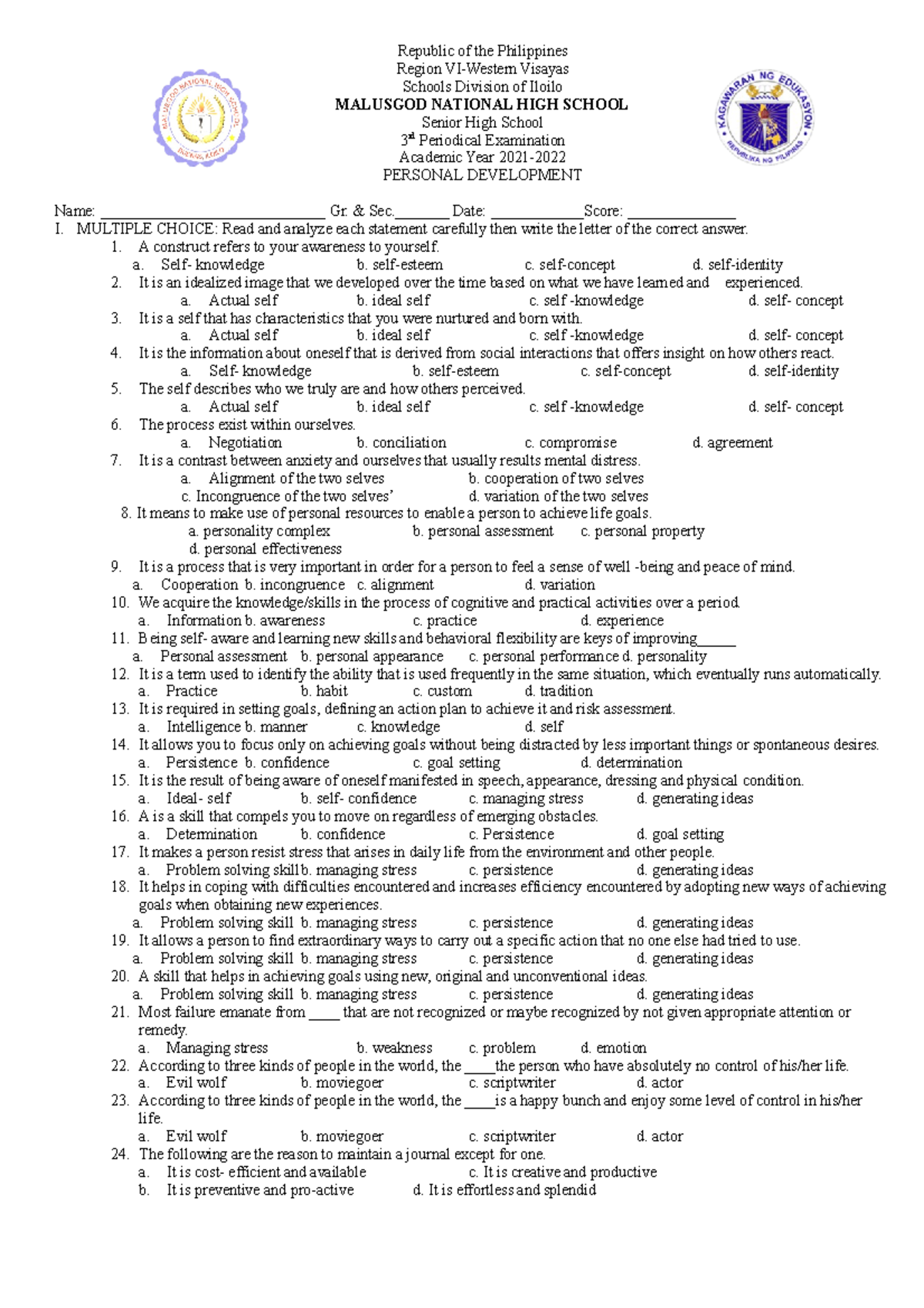 Exam in perdev with tos - Republic of the Philippines Region VI-Western ...