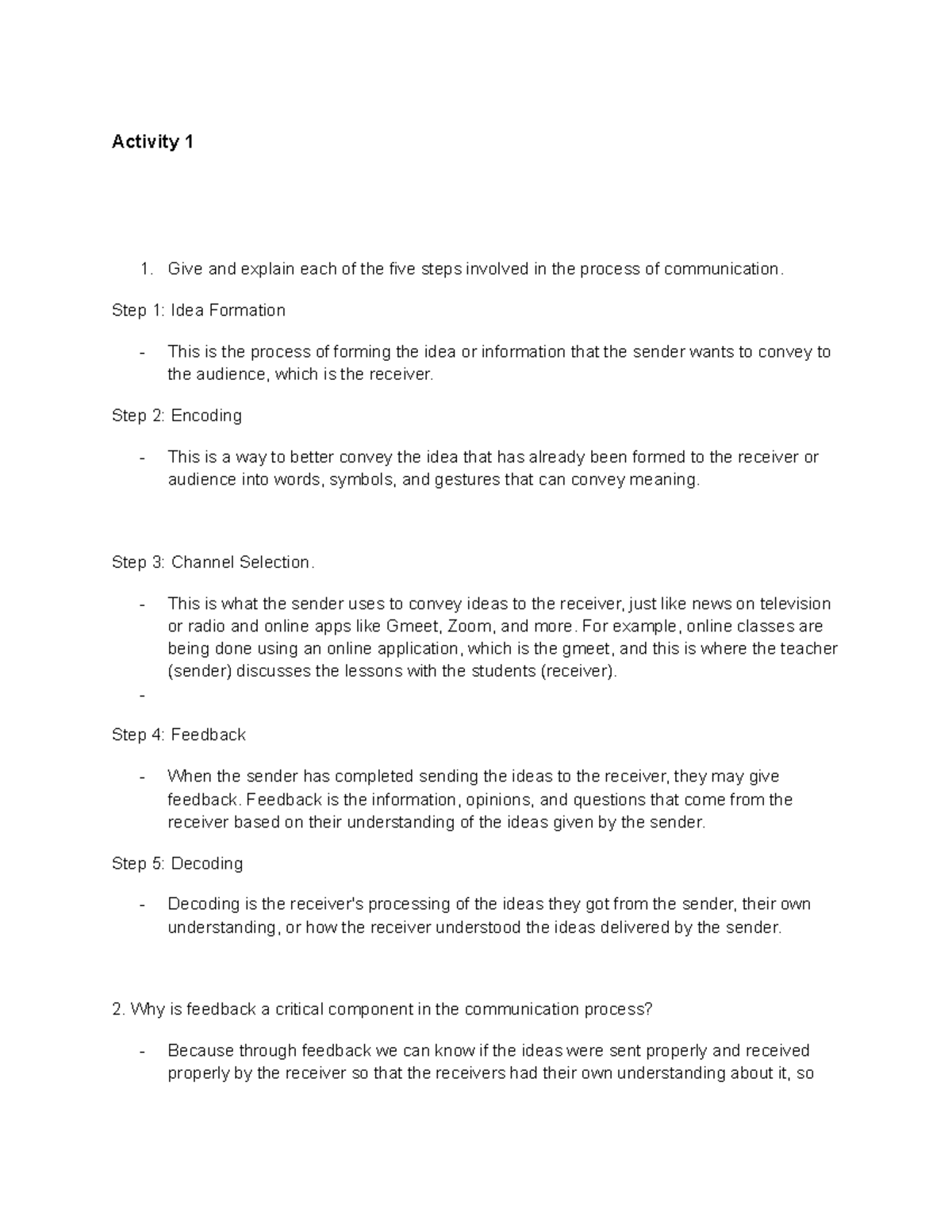 Activity 4 Communication - Activity 1 1. Give and explain each of the ...