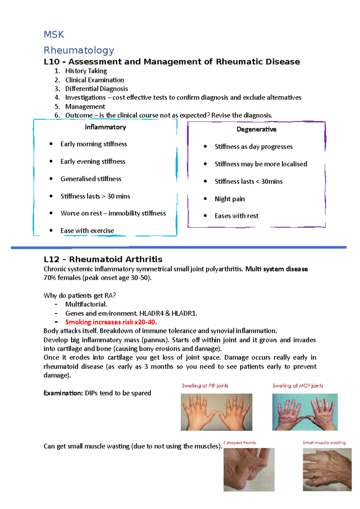 MSK Rheumatology Notes - Rheumatology L10 - Assessment and Management ...