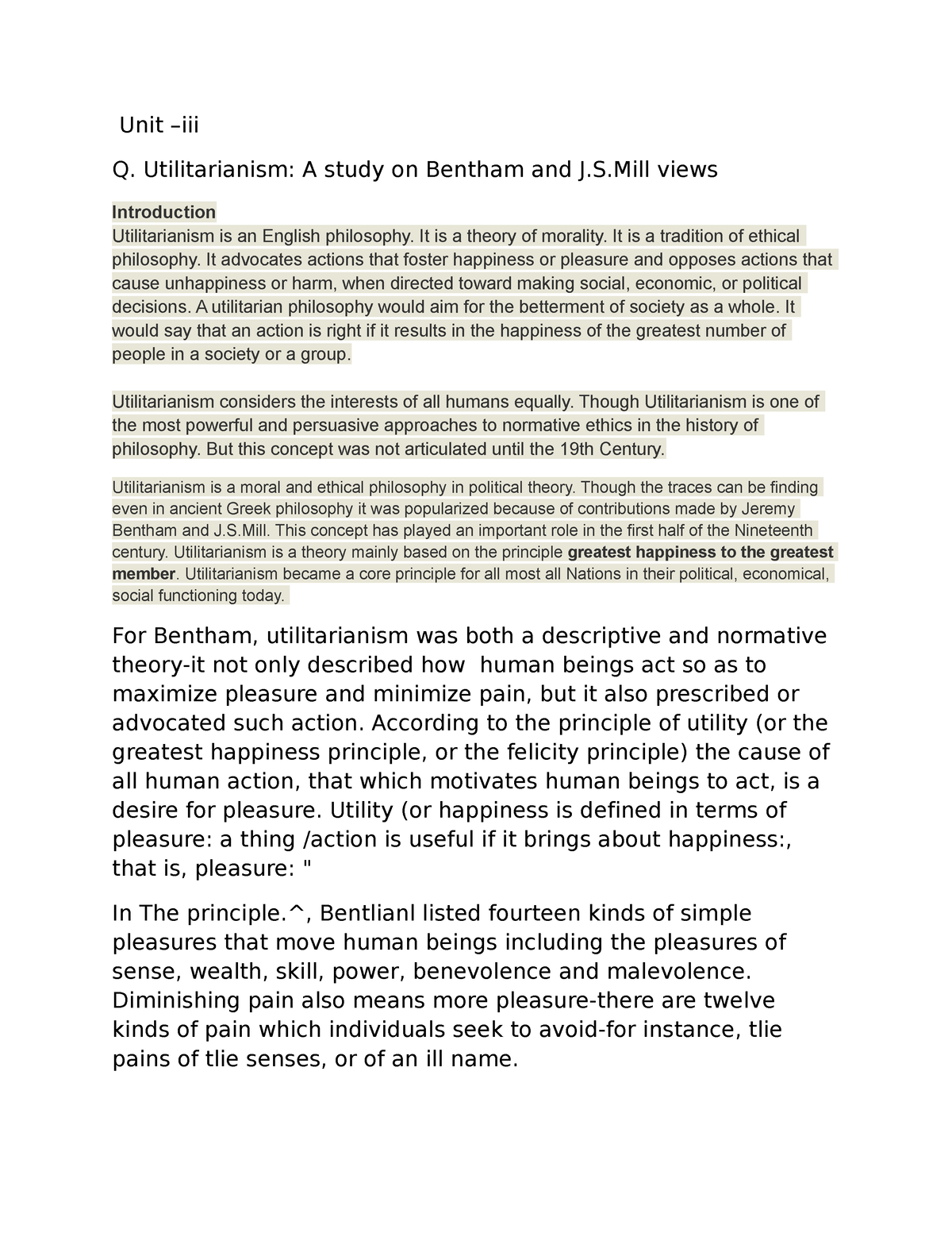 Utilitarianism - Good - Unit –iii Q. Utilitarianism: A Study On Bentham ...