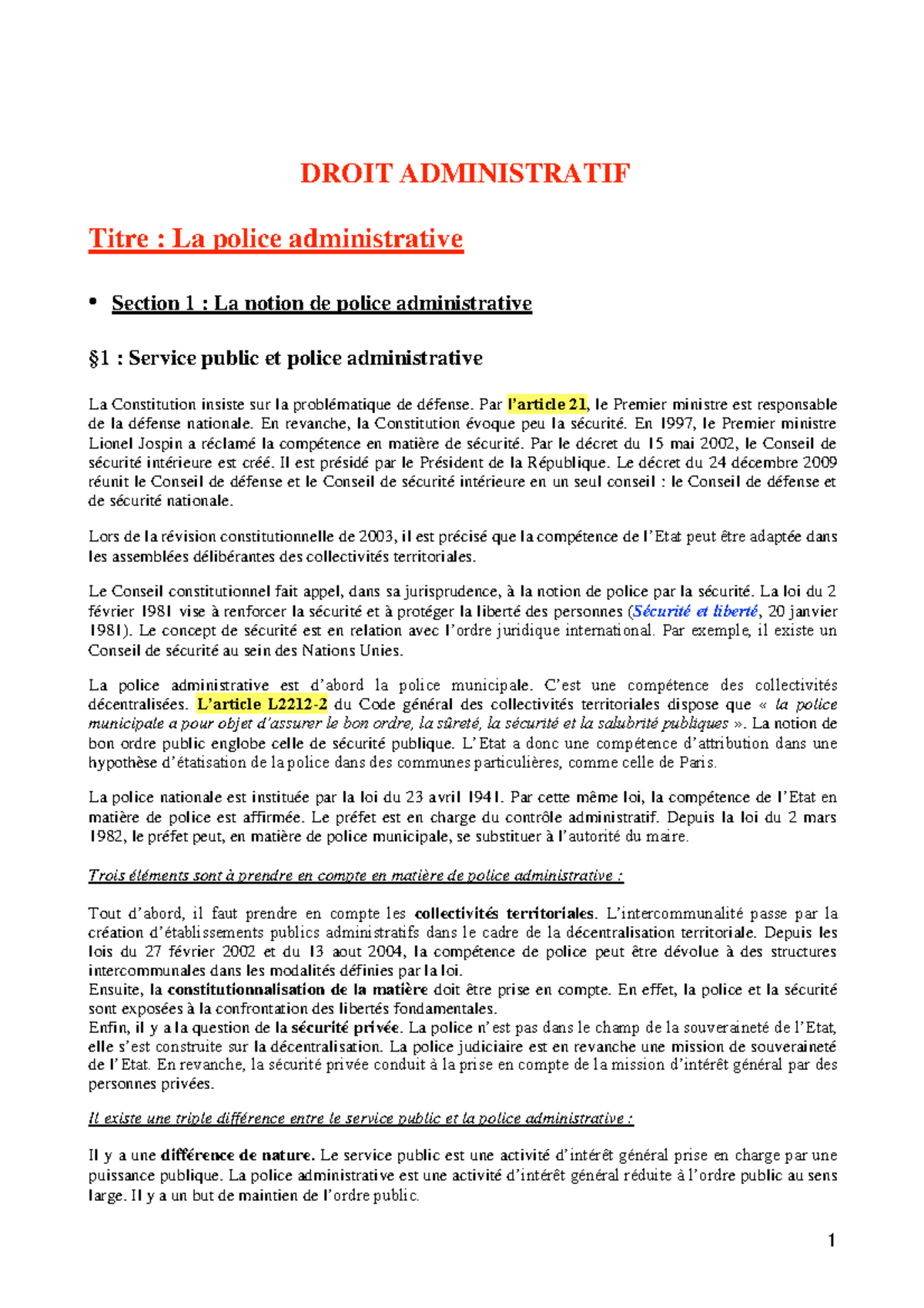 Police Administrative - DROIT ADMINISTRATIF Titre : La Police ...