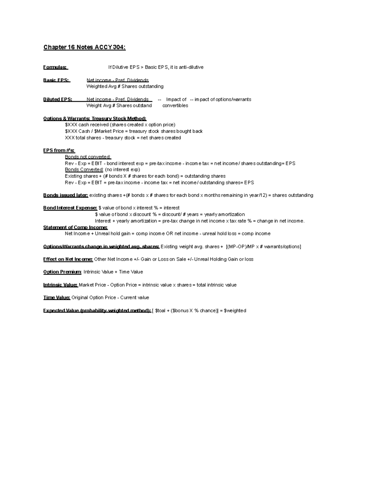 CH 16 Notes ACCY 304 - Chapter 16 Notes ACCY 304: Formulas: If Dilutive ...