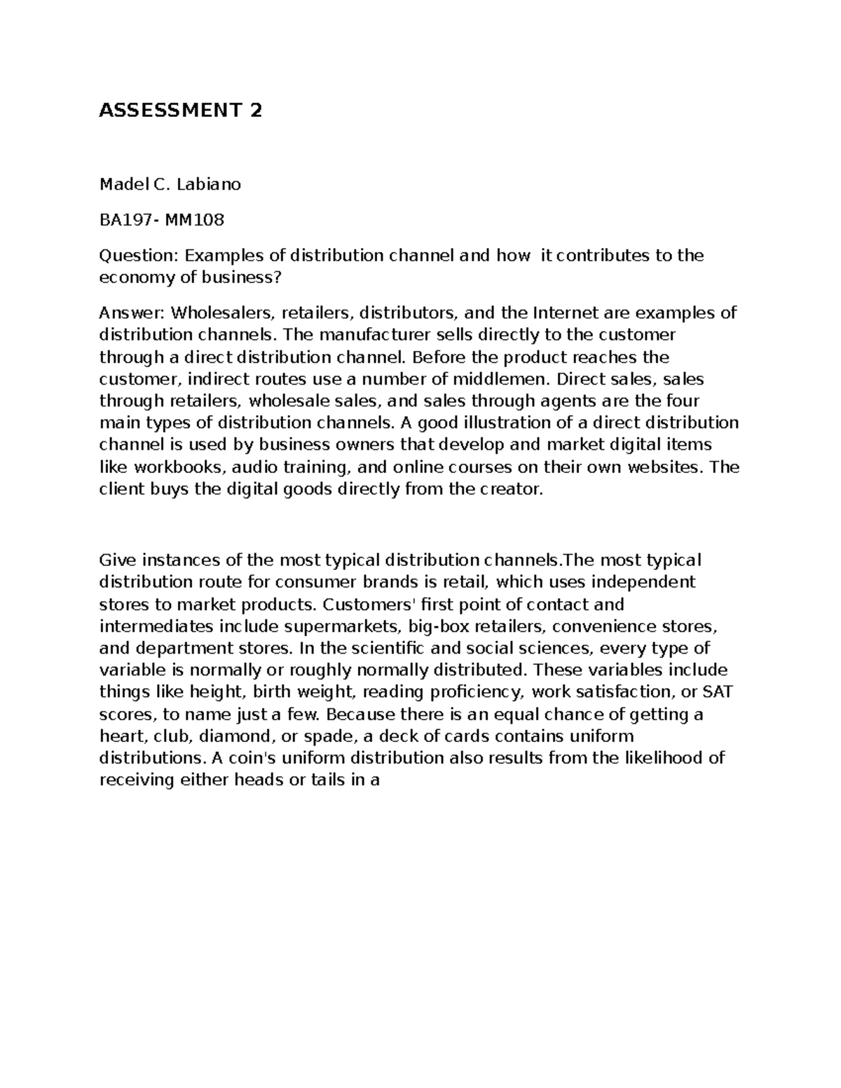 Assessment 2 Distribution Channels ASSESSMENT 2 Madel C. Labiano