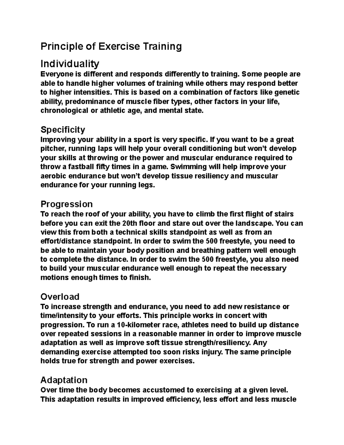 Princple of Exercise Training Principle of Exercise Training