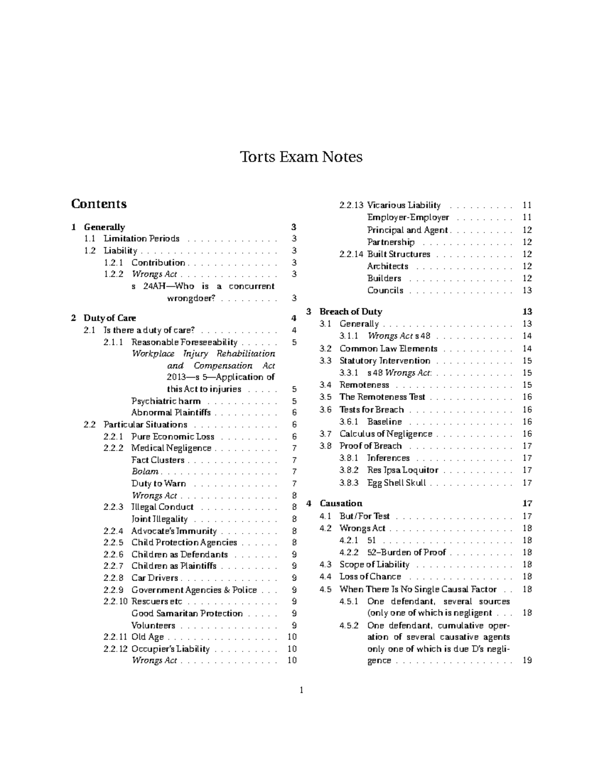 Exam notes:BLB1115-Torts - Torts Exam Notes Contents 1 Generally 1 ...