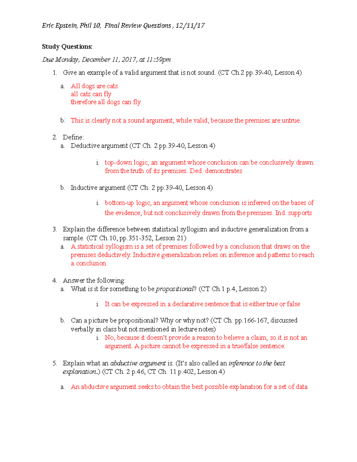 Final Review Questions - Study Questions: Due Monday, December 11, 2017 ...
