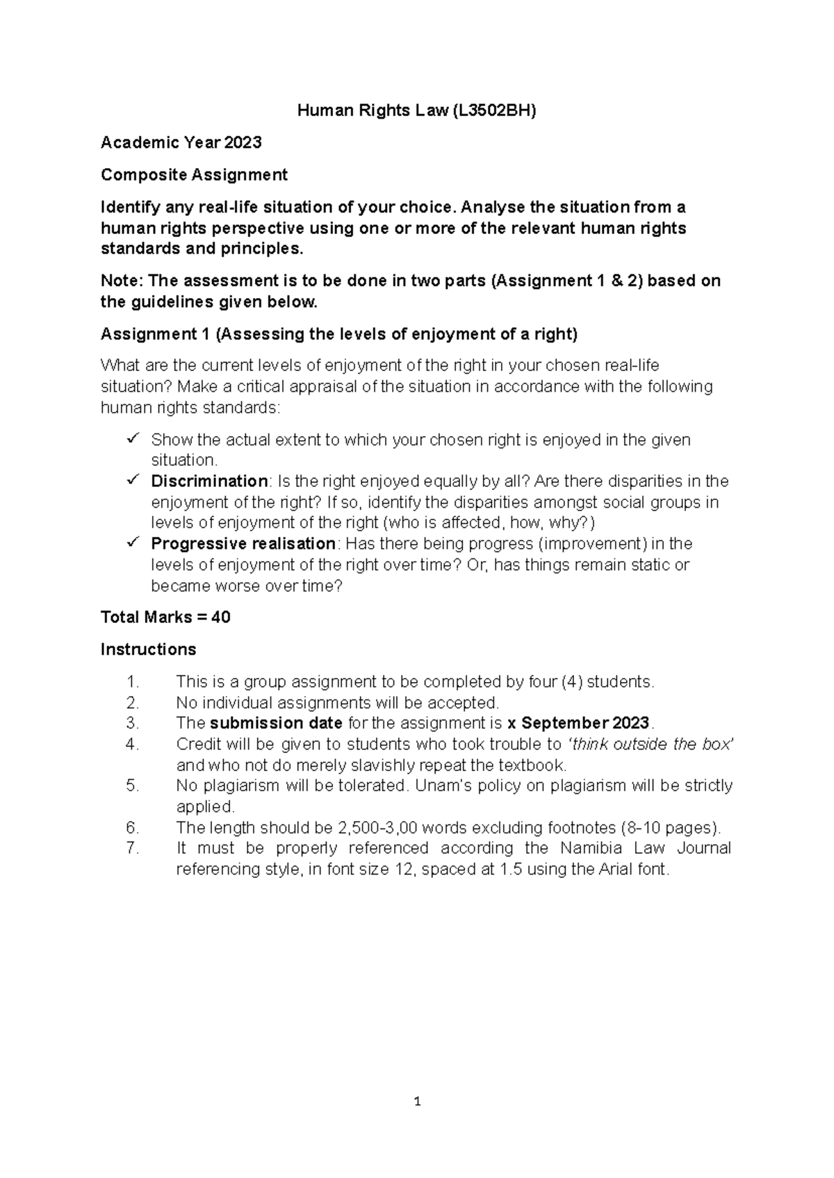 Assignment 1 & 2, 2023 - Human Rights Law (L3502BH) Academic Year 2023 ...
