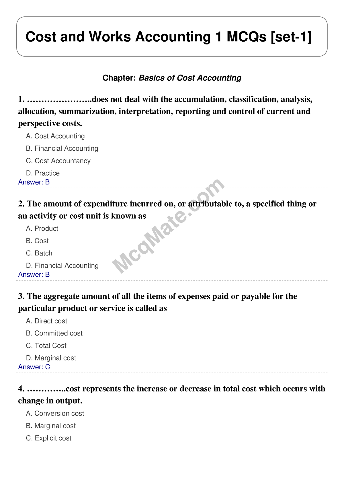 Cost And Works Accounting 1 Solved - McqMate Cost And Works Accounting ...