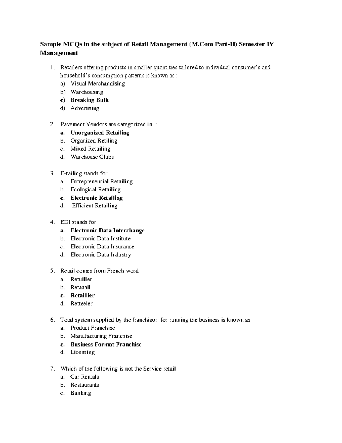 II mgmt Retail management Practice questions Sample MCQs in the
