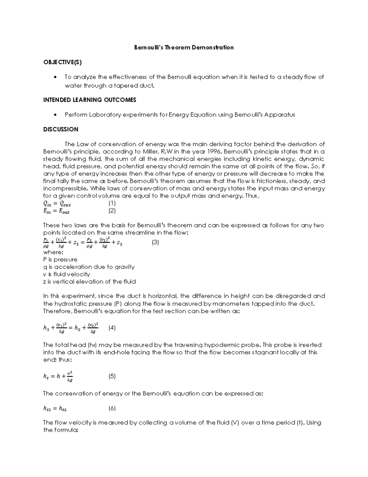 verification of bernoulli's theorem experiment lab report