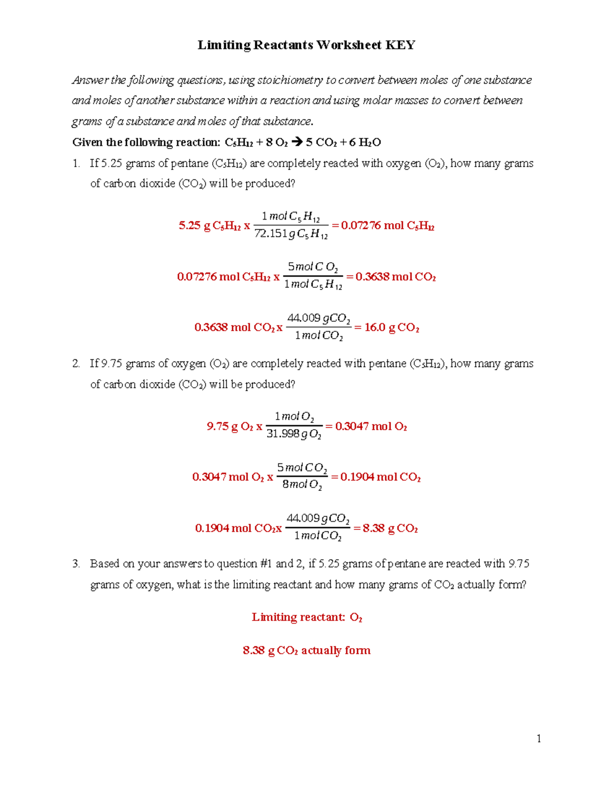 Limiting Reactants Worksheet Key - Limiting Reactants Worksheet KEY ...