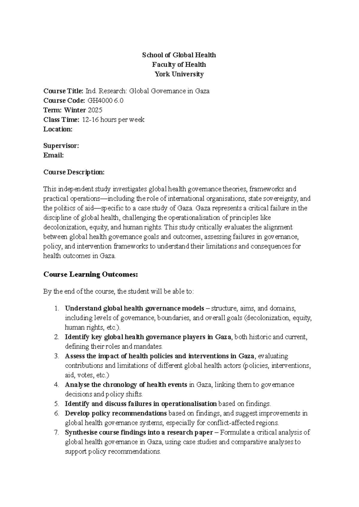 GH4000 Independent Study Syllabus - School of Global Health Faculty of ...
