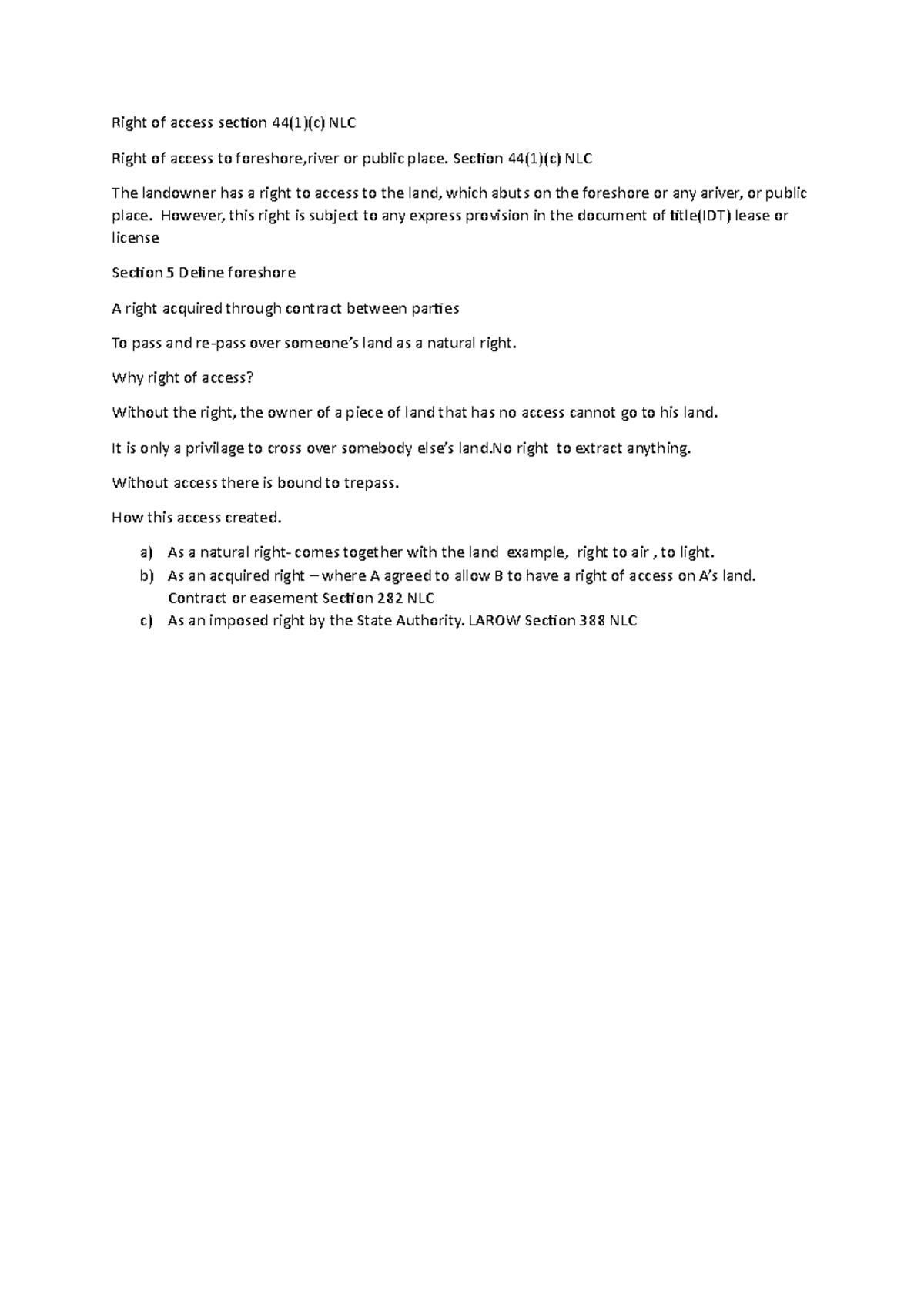 Right of access land law lecture notes for references only Right of
