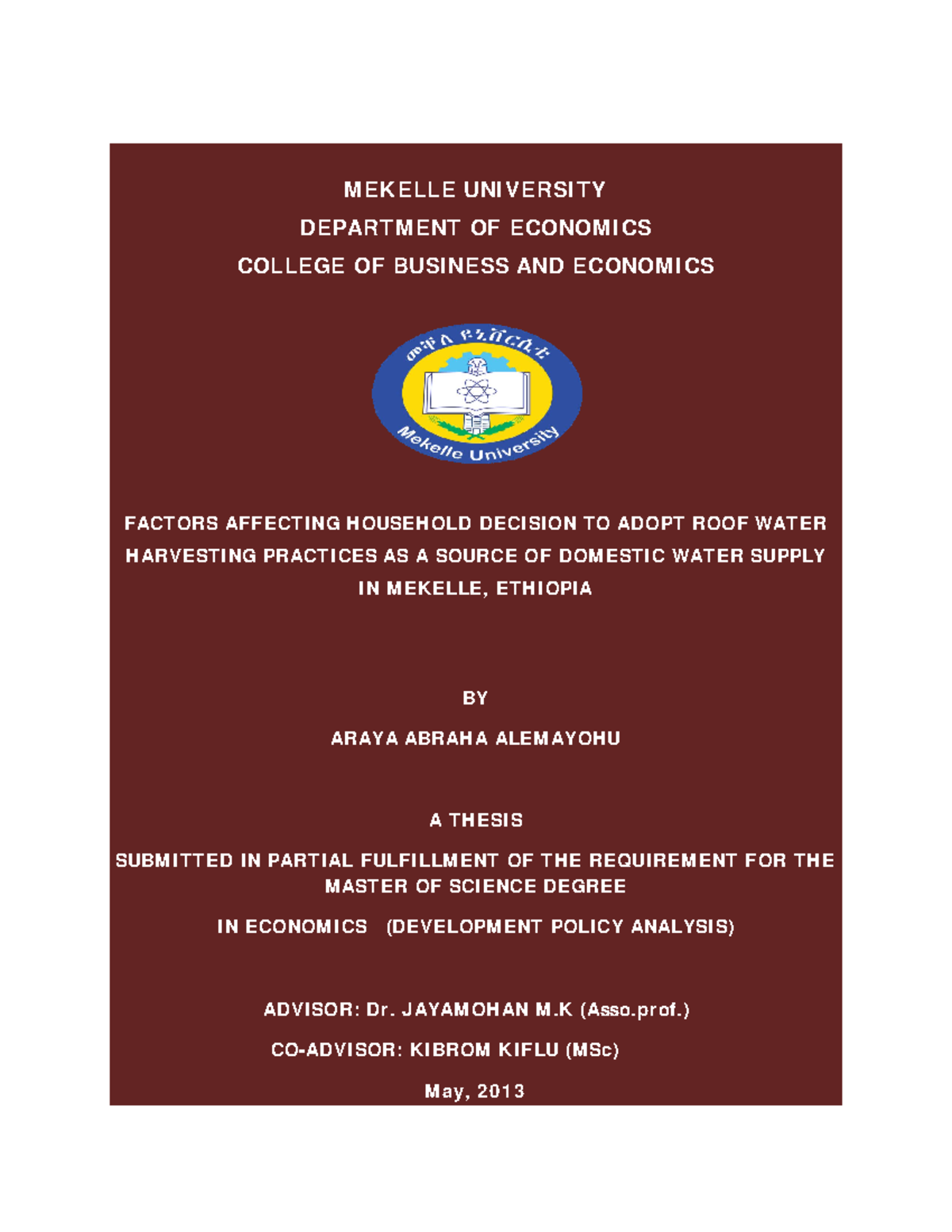 Research OF Economics - MEKELLE UNIVERSITY DEPARTMENT OF ECONOMICS ...