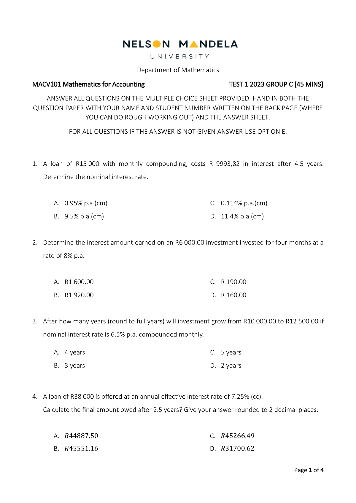 Macv101 Test 1 - Group C - Test 1 Question Paper - Department Of 