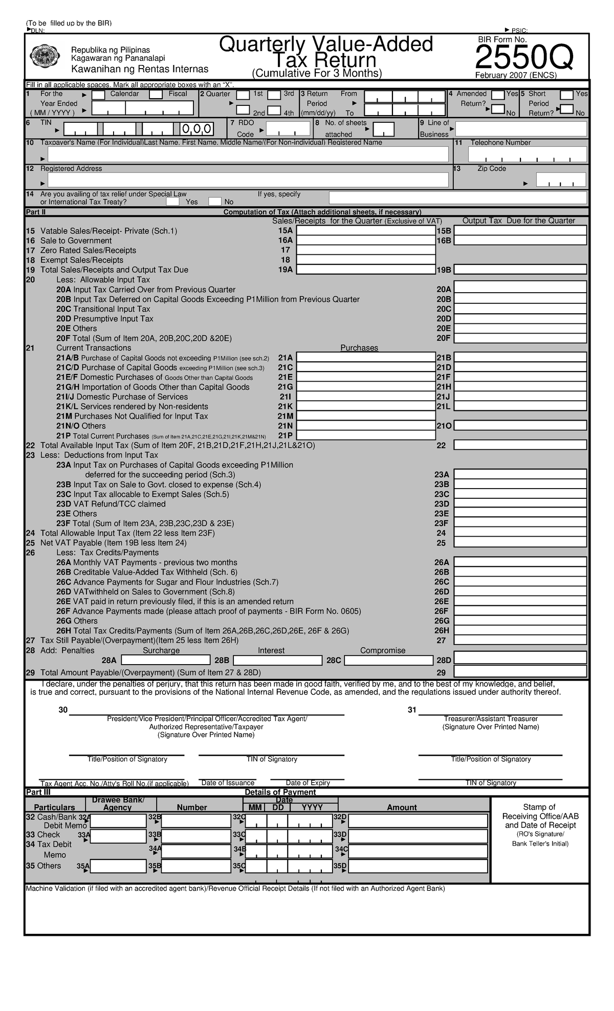 Dyci Sample Vat Return Vat To Be Filled Up By The Bir Dln Psic Fill In All Applicable 4047