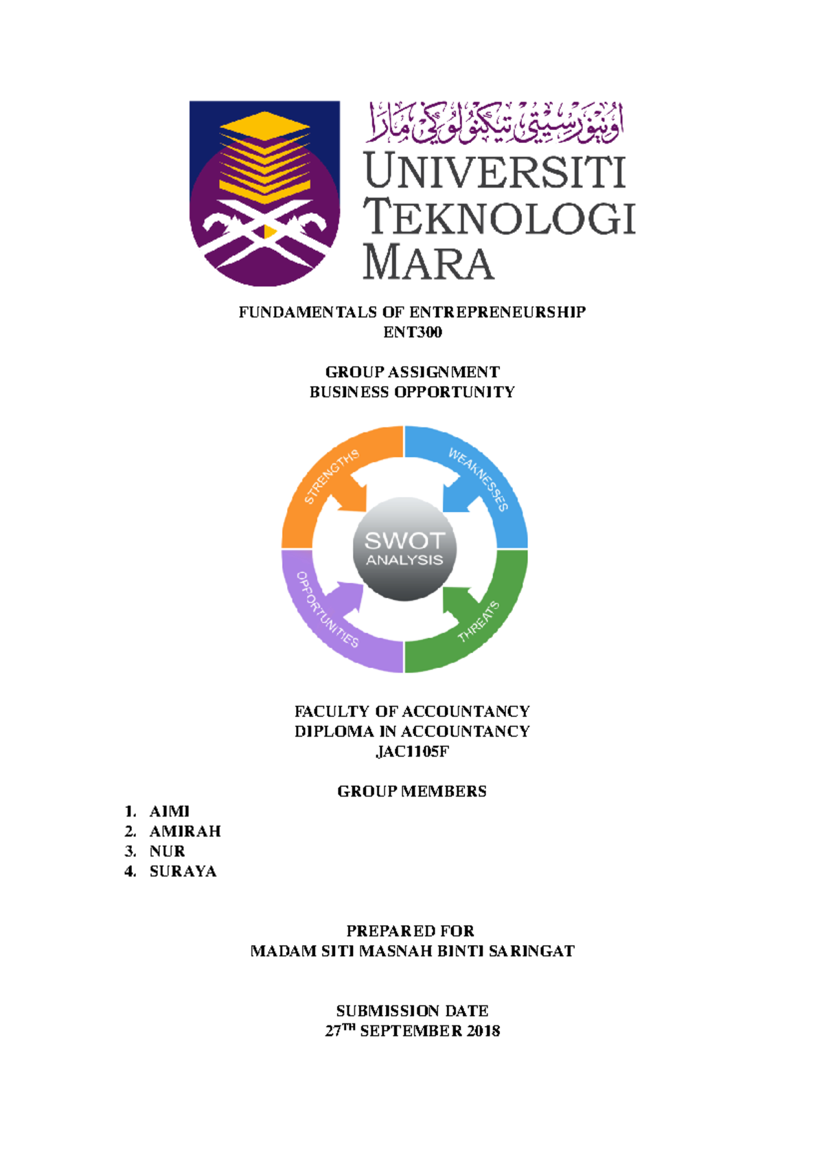 ENT300 - Assignment 1 - FUNDAMENTALS OF ENTREPRENEURSHIP ENT GROUP ...