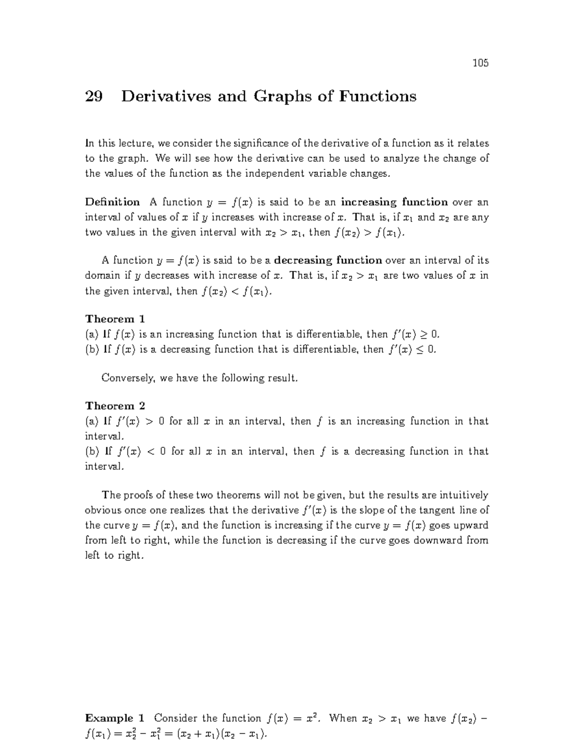 Math1 Lecture Notes 29 Derivatives And Graphs Of Functions 105 29 Derivatives And Graphs Of Functions In This Lecture We Consider The Significance Of The Studocu