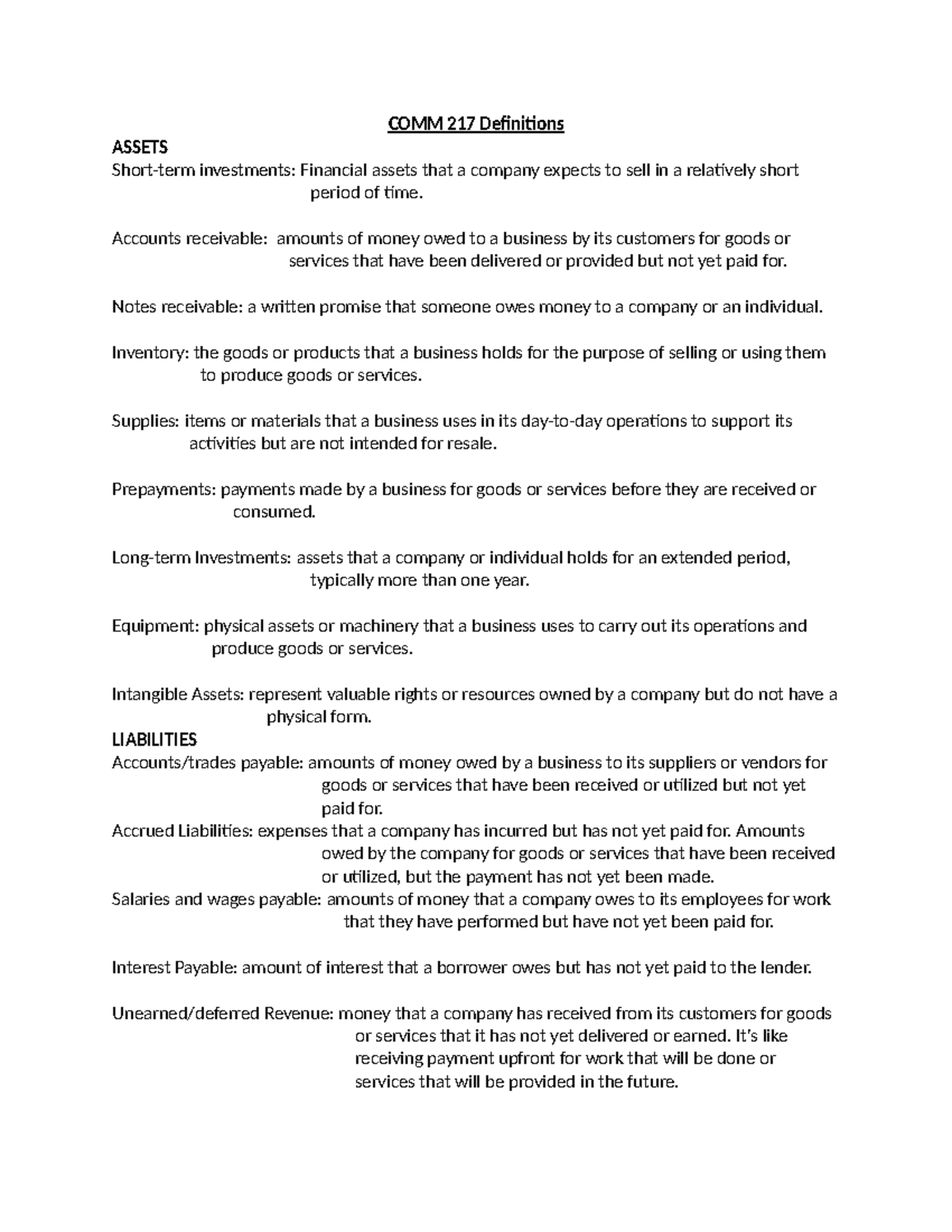 COMM 217 Definitions - COMM 217 Definitions ASSETS Short-term ...