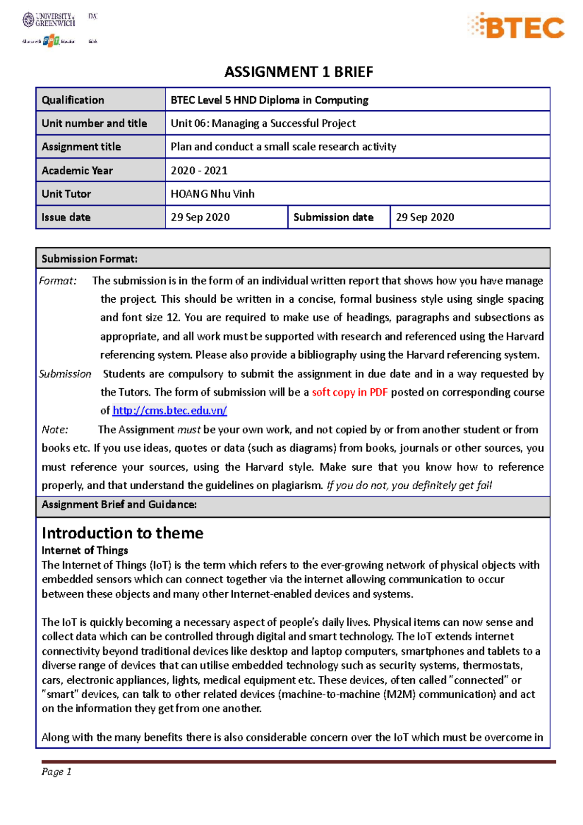 Unit 06 - Assignment brief 1 - ASSIGNMENT 1 BRIEF Qualification BTEC ...