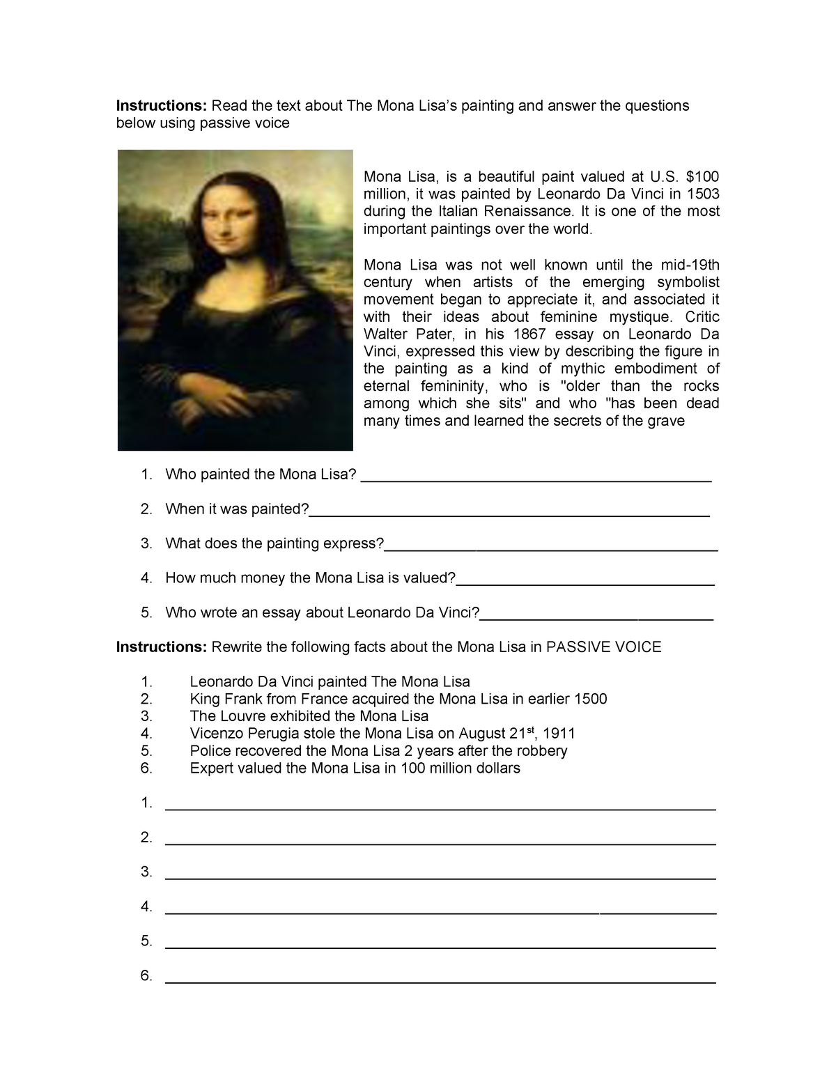 Mona Lisa Reading Activity Instructions Read The Text About The Mona