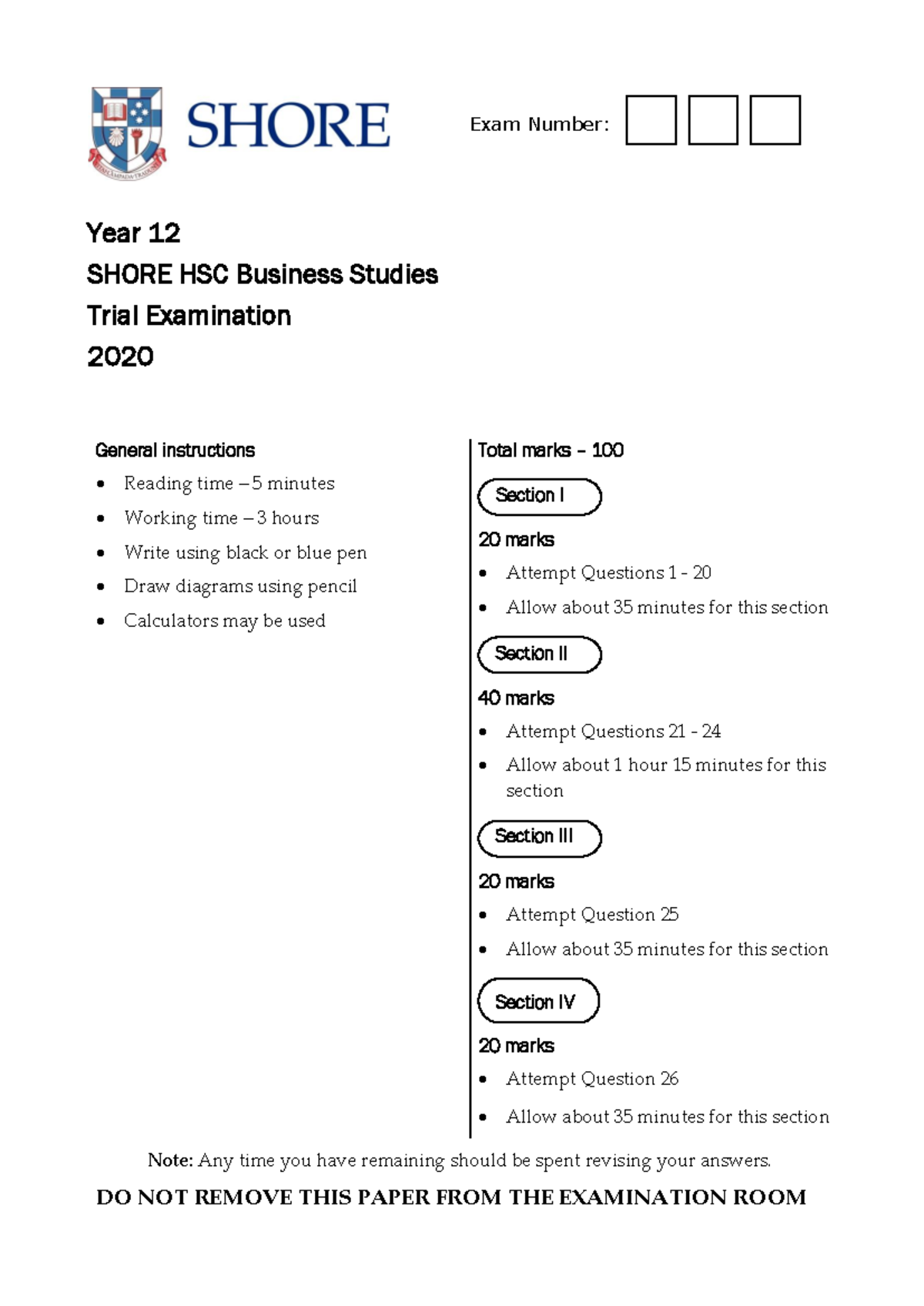 Yr 12 Shore Trial Business Studies Exam Final 2020 - Year 12 SHORE HSC ...