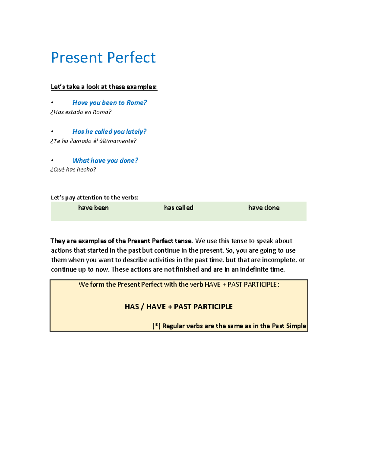 Prepositions & Present Perfect - Present Perfect Let’s take a look at ...