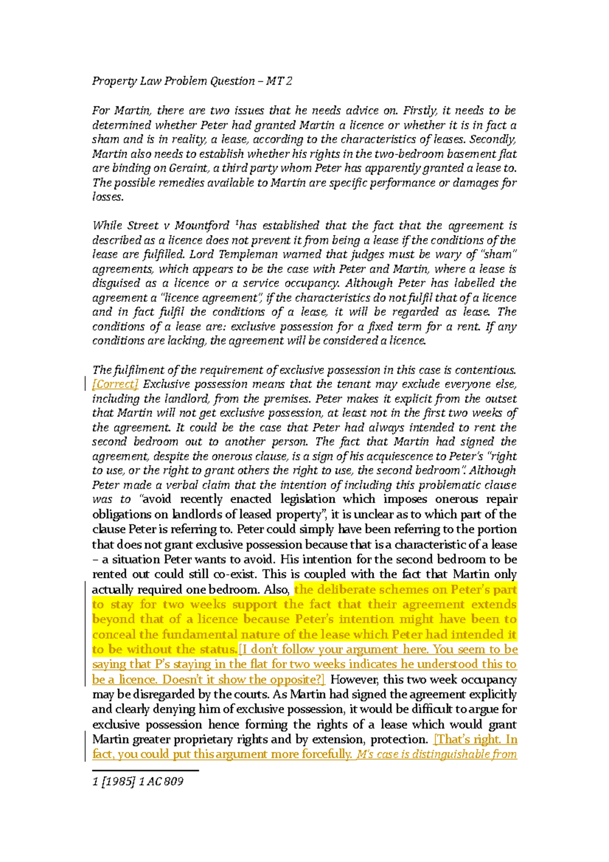 LL275 Lease and licence 67 Property Law Problem Question MT 2 For