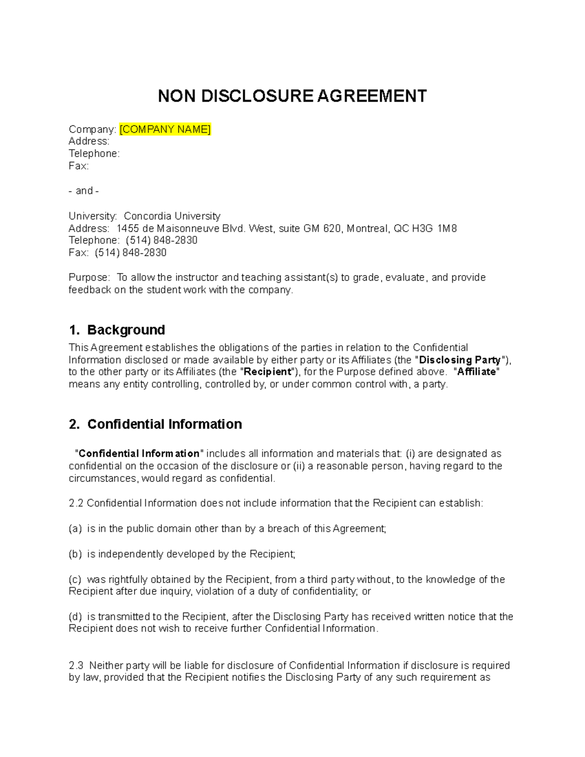 Company NDA 3 years - This is the NDA document. - NON DISCLOSURE ...