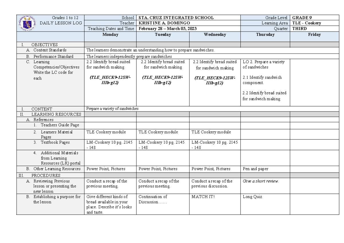 Week 3 - okay - Grades 1 to 12 DAILY LESSON LOG School STA. CRUZ ...