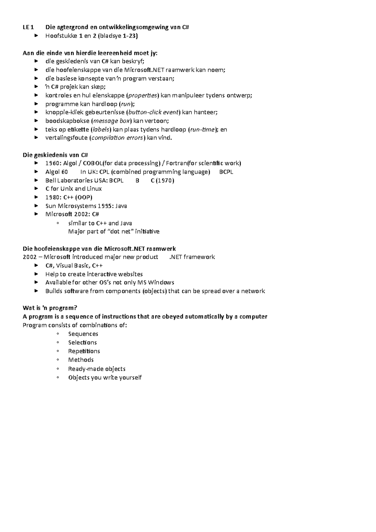 Opsomming - Summary User Interface Programming - LE 1 Die agtergrond en ...