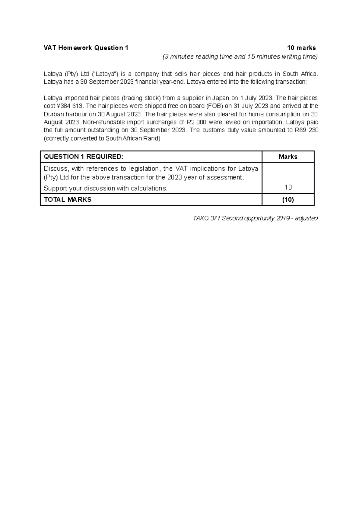 VAT+Homework+Question+1 2023 - VAT Homework Question 1 10 marks (3 ...