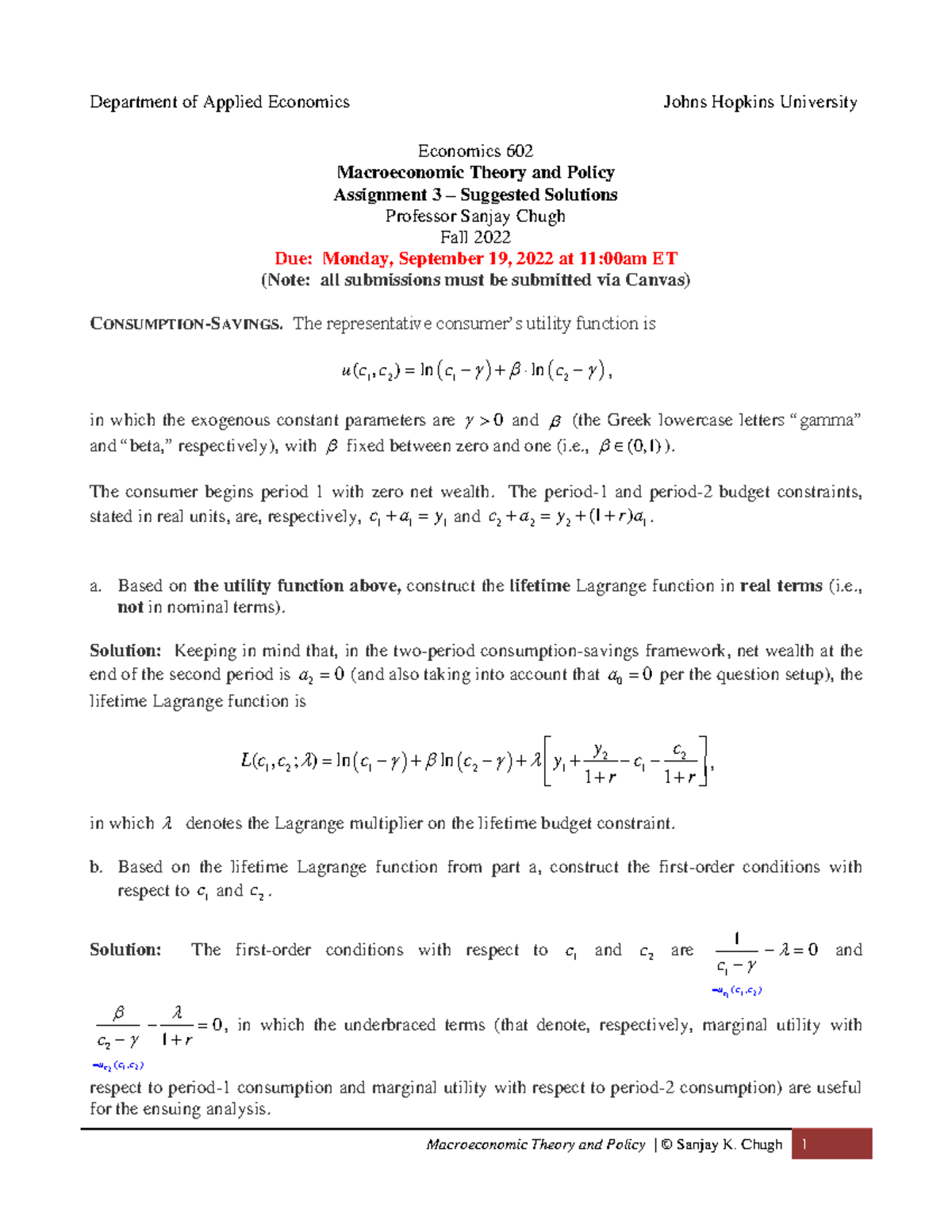Assignment 3 - Solutions - Macroeconomic Theory and Policy | © Sanjay K ...