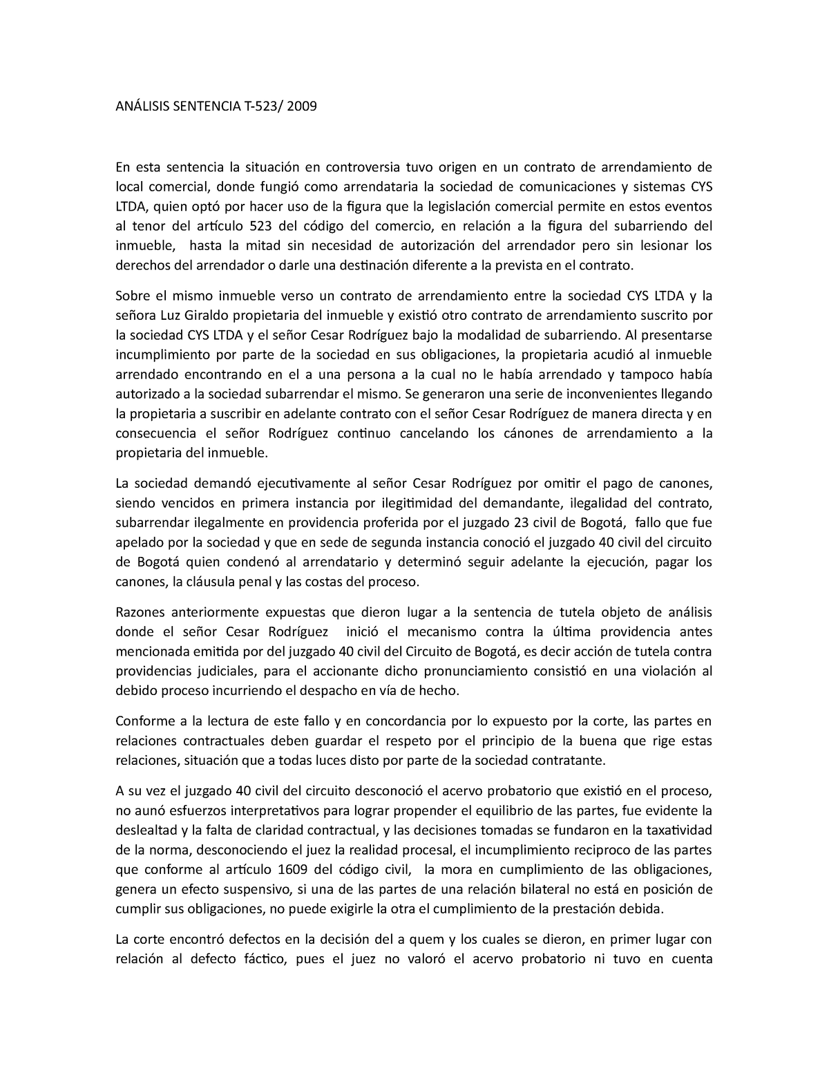 Análisis Sentencia - ANÁLISIS SENTENCIA T-523/ 2009 En esta sentencia ...