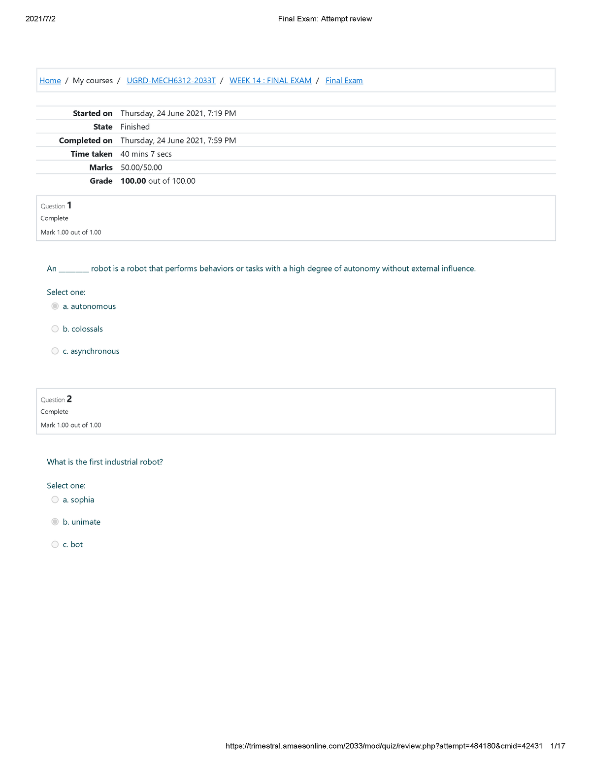 Final Exam Attempt review 44 - Home / My courses / UGRD-MECH6312-2033T ...