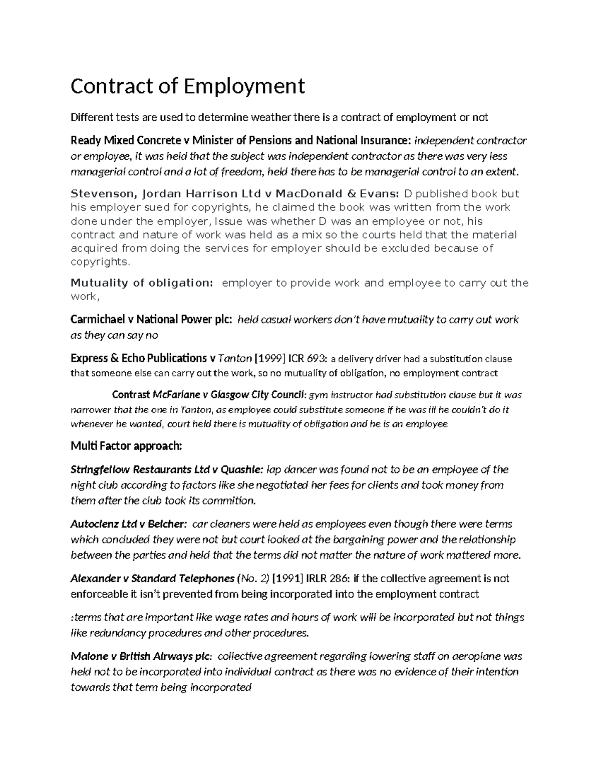 Employment Law Notes Contract Of Employment Different Tests Are Used