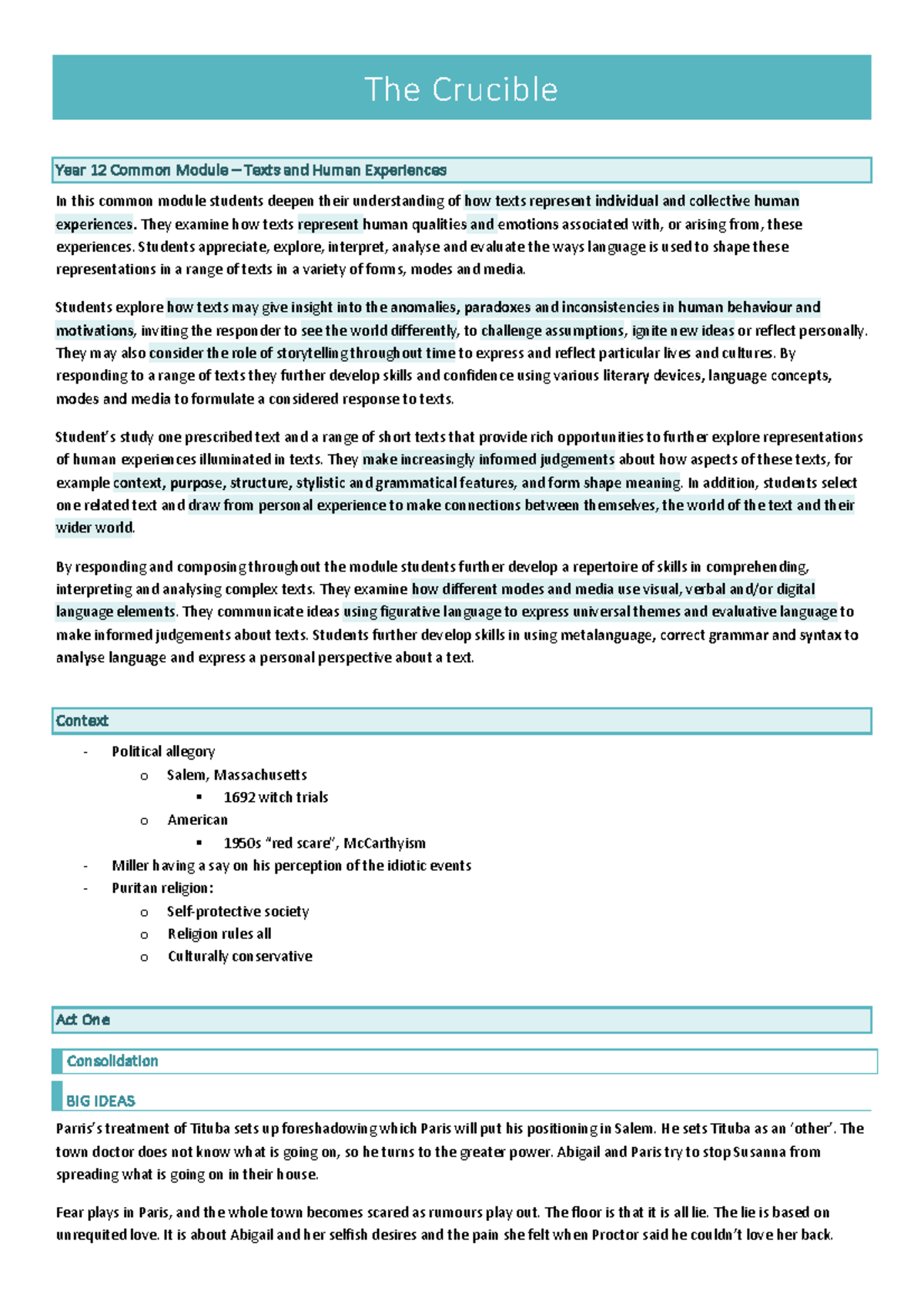 The Crucible The Crucible Year 12 Common Module Texts and Human