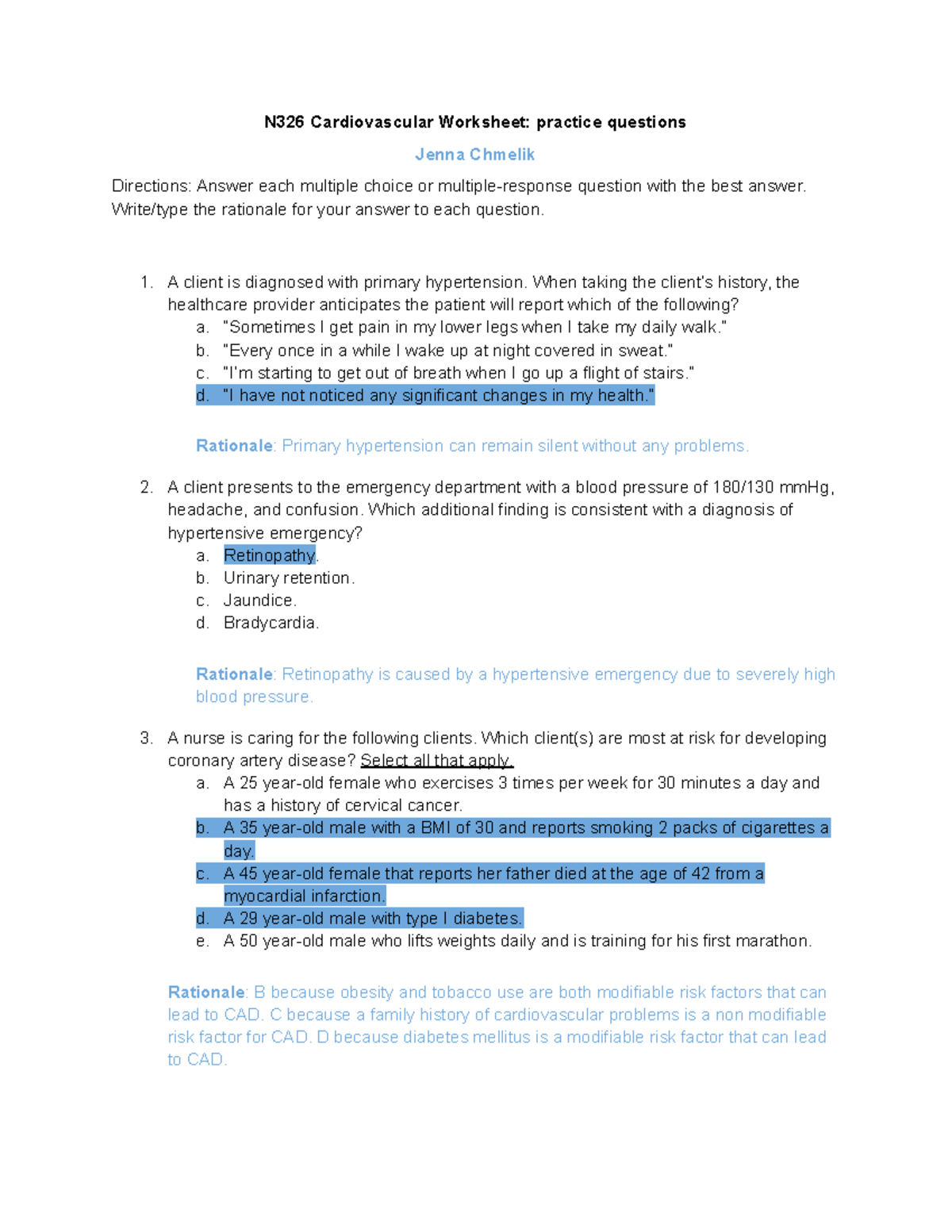 N326 Cardiovascular Worksheet practice questions-2 - Write/type the ...