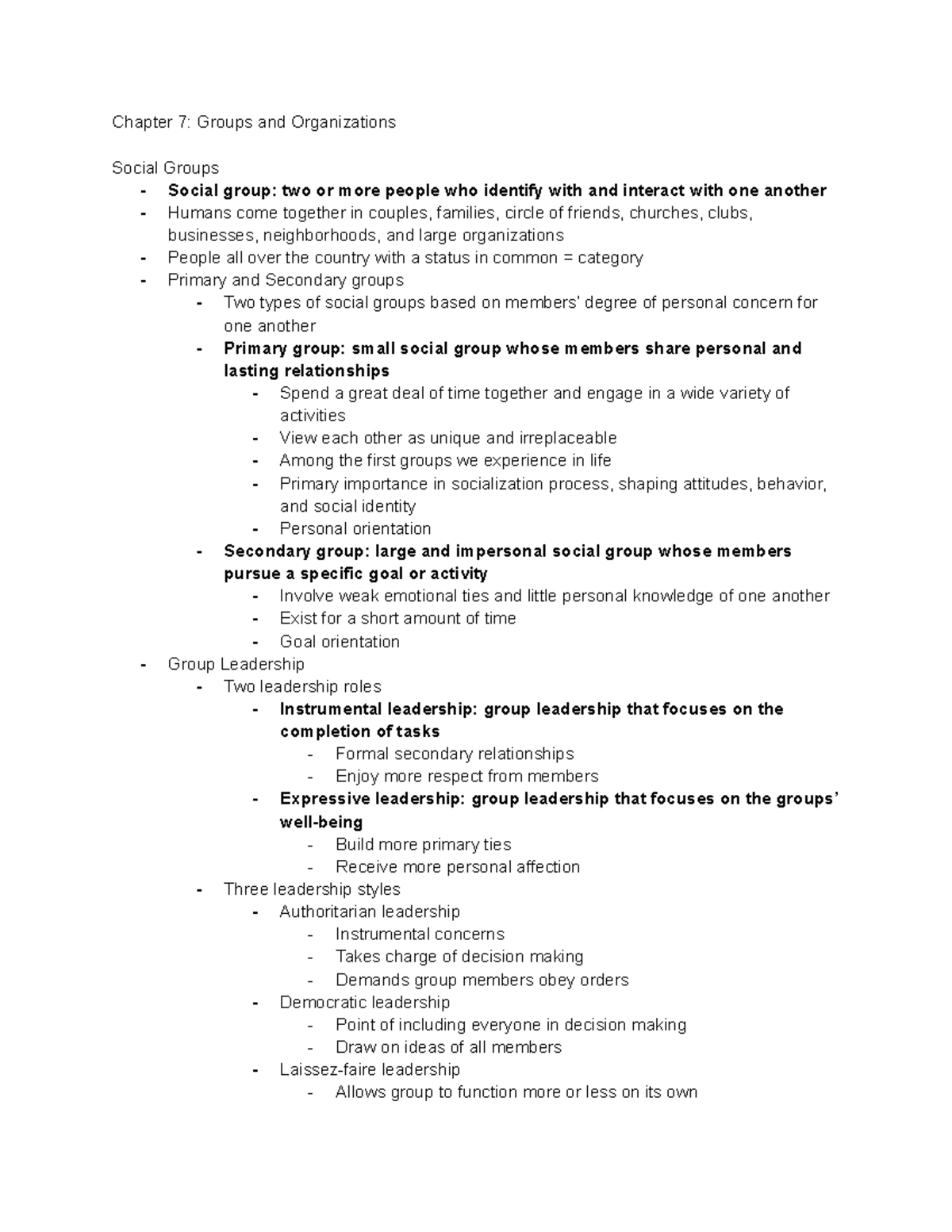 Soc Chapter 7 Notes - Chapter 7: Groups And Organizations Social Groups ...