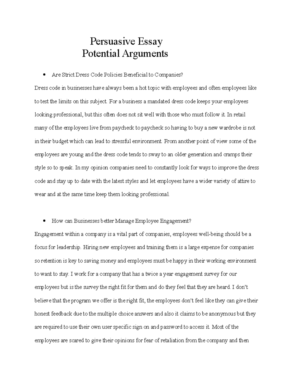 Persuasive Essay - Practice work - Persuasive Essay Potential Arguments ...