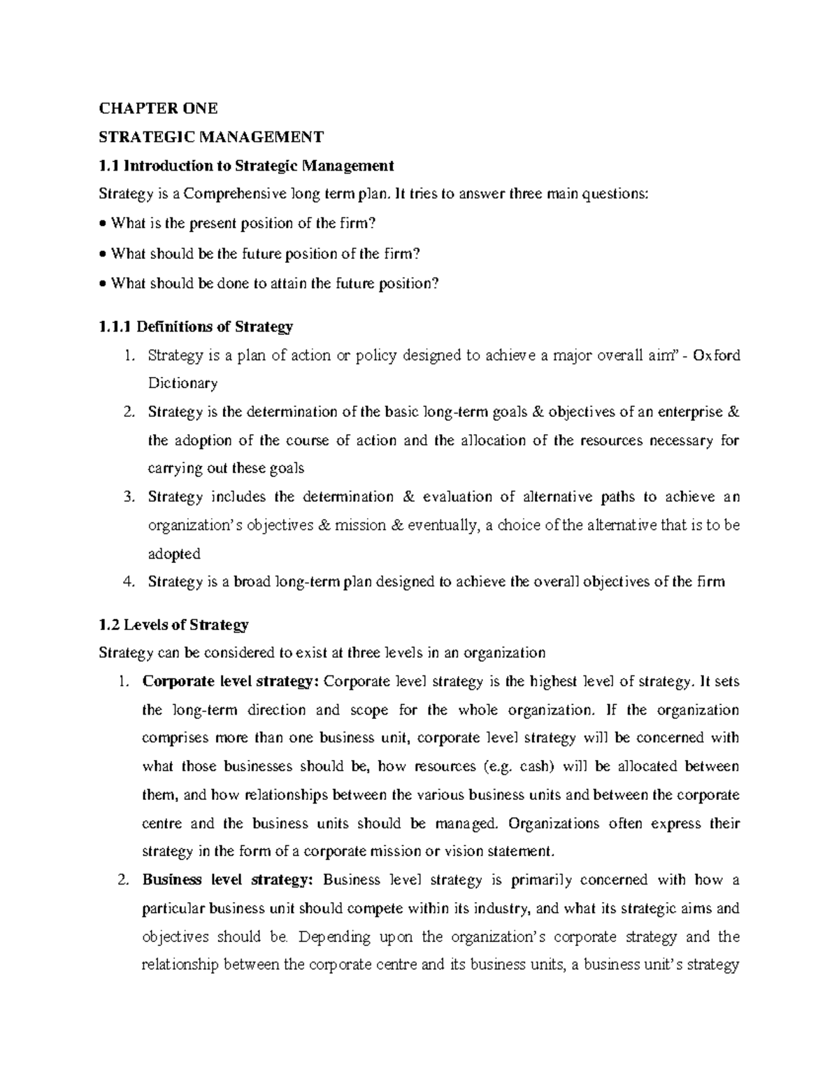 Chapter ONE- Strategic Management - CHAPTER ONE STRATEGIC MANAGEMENT 1 ...