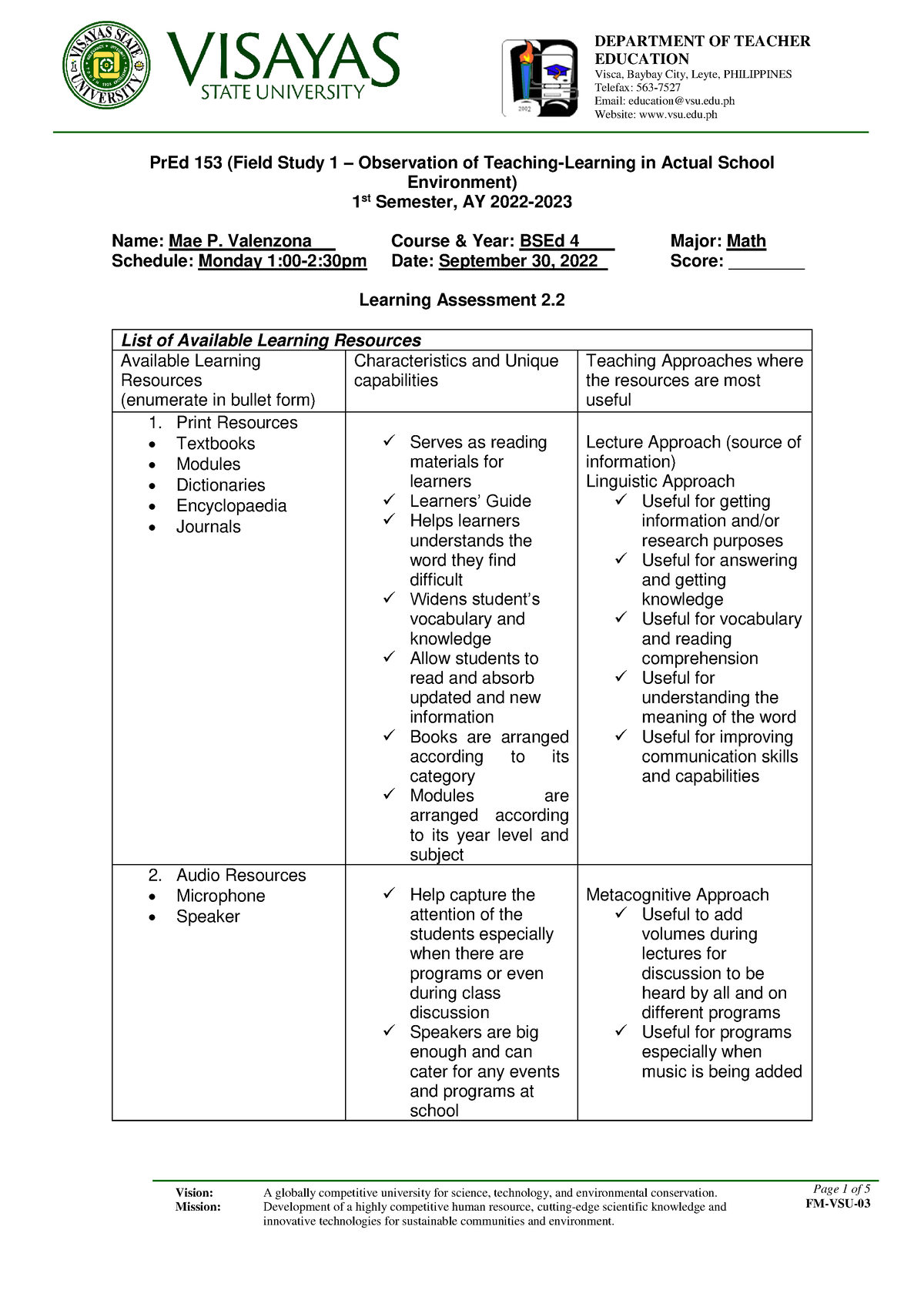 PREd 153 Valenzona Module 2- lesson 2 - Vision: A globally competitive ...