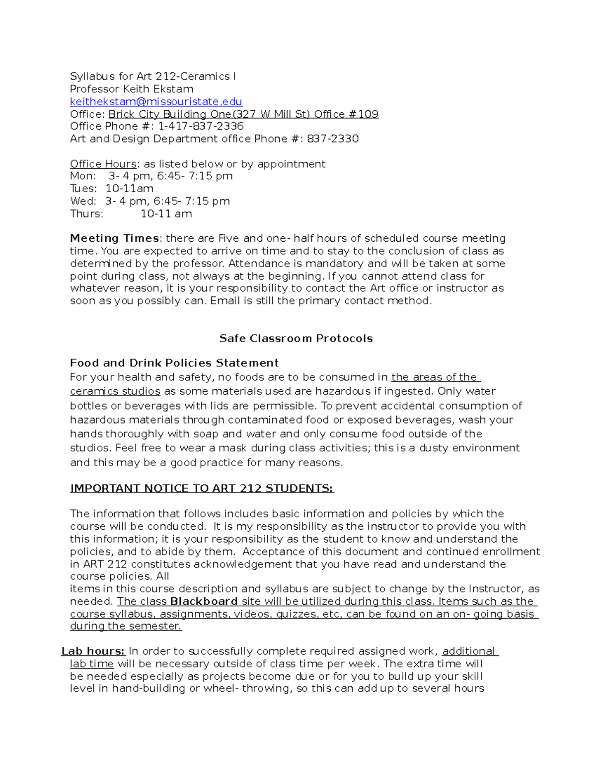 Art212301 F23 Ekstam Syllabus for Art 212Ceramics I Professor Keith