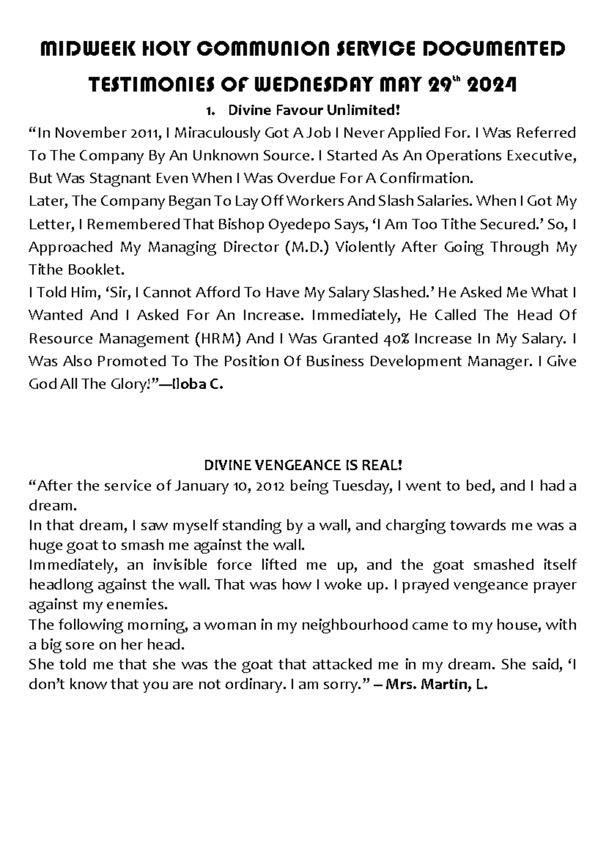 Midweek HOLY Communion Service Documented Testimonies OF Wednesday MAY ...