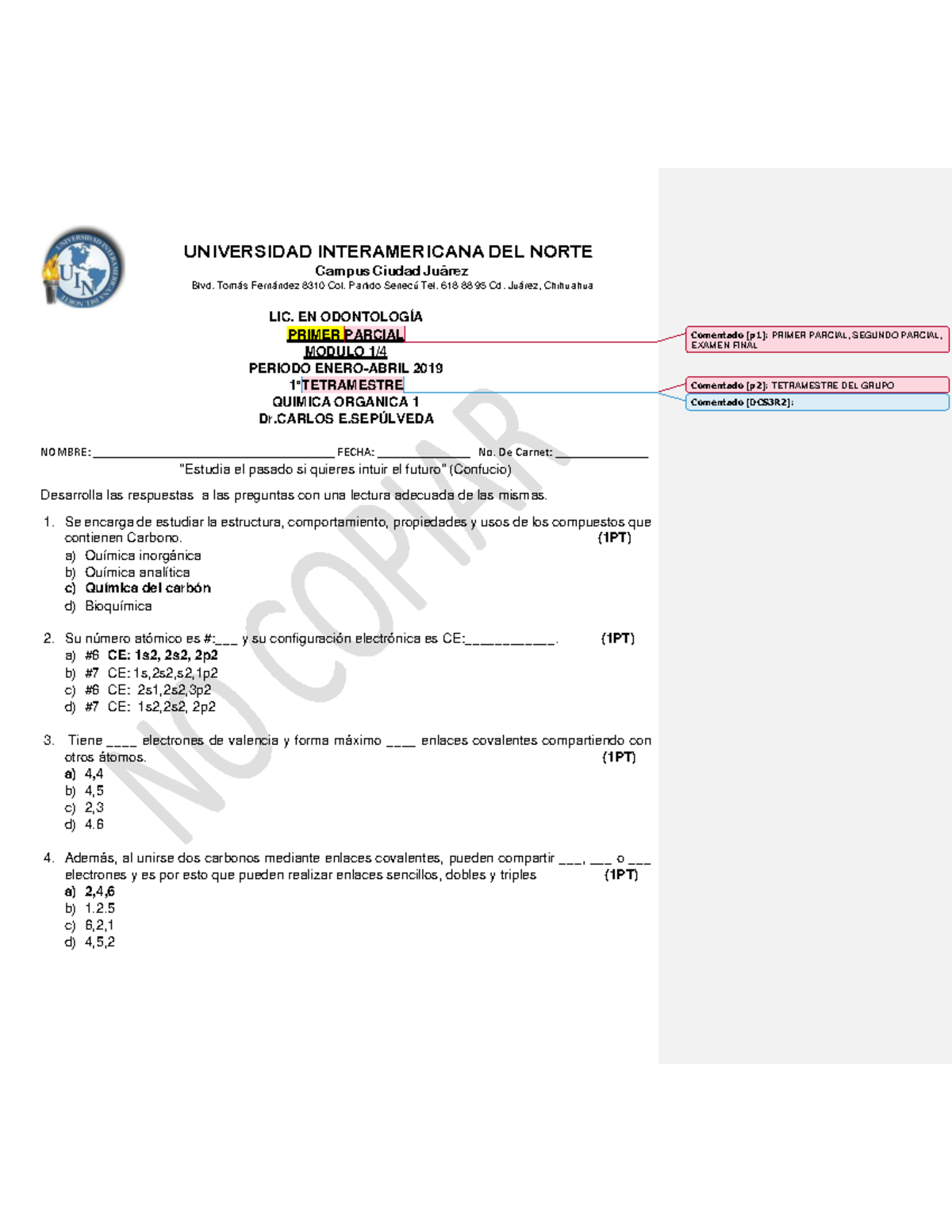 Exam 14 January 2019, questions and answers UNIVERSIDAD