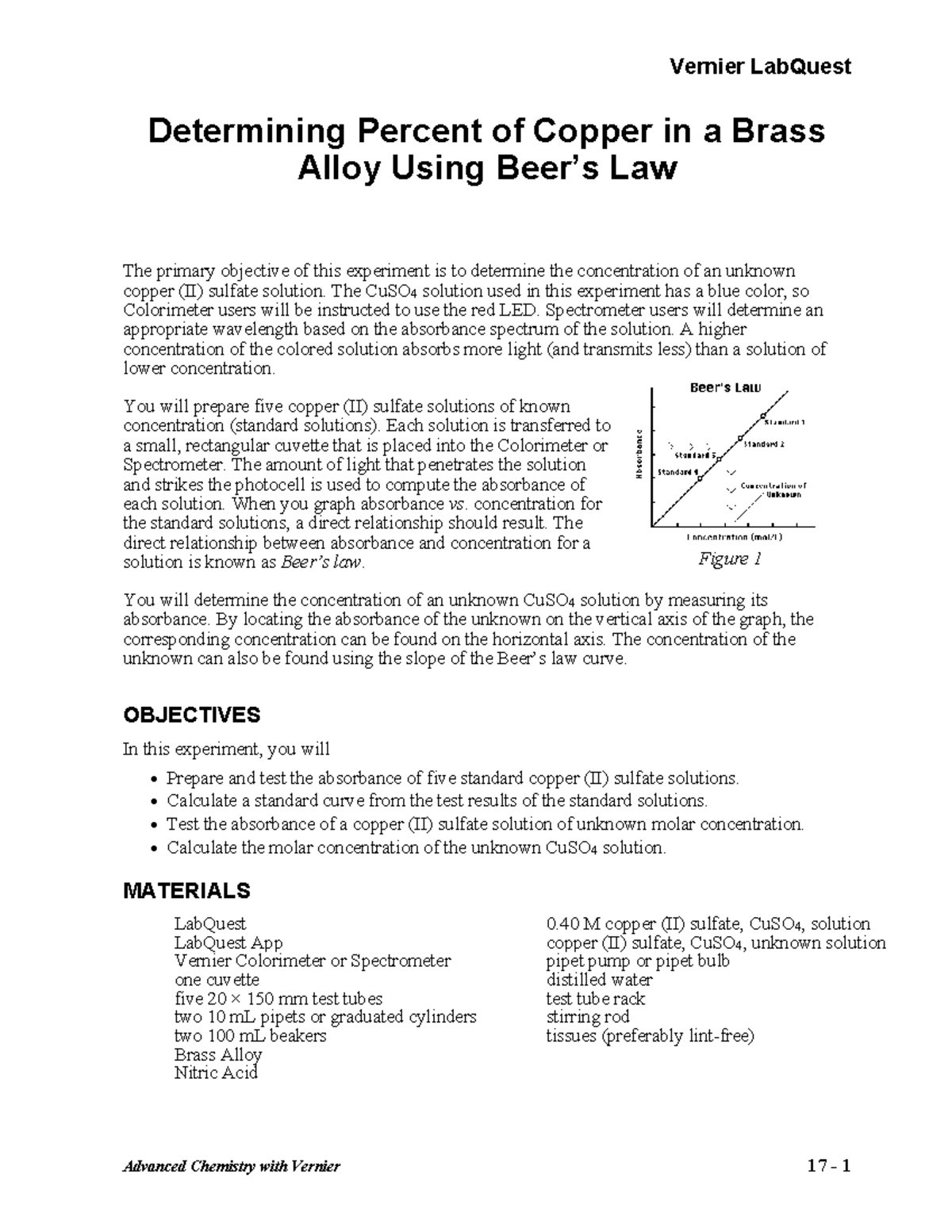 Brass Beers Law Vernier Labquest - Vernier LabQuest Advanced Chemistry with Vernier 17 - 1 - Studocu