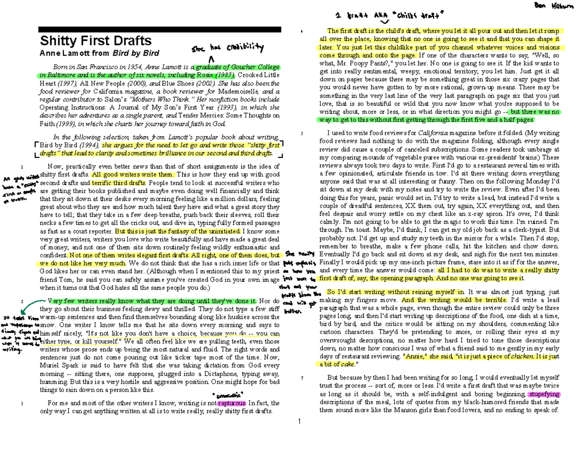 Annotated Shitty First Drafts Shitty First Drafts Anne Lamott