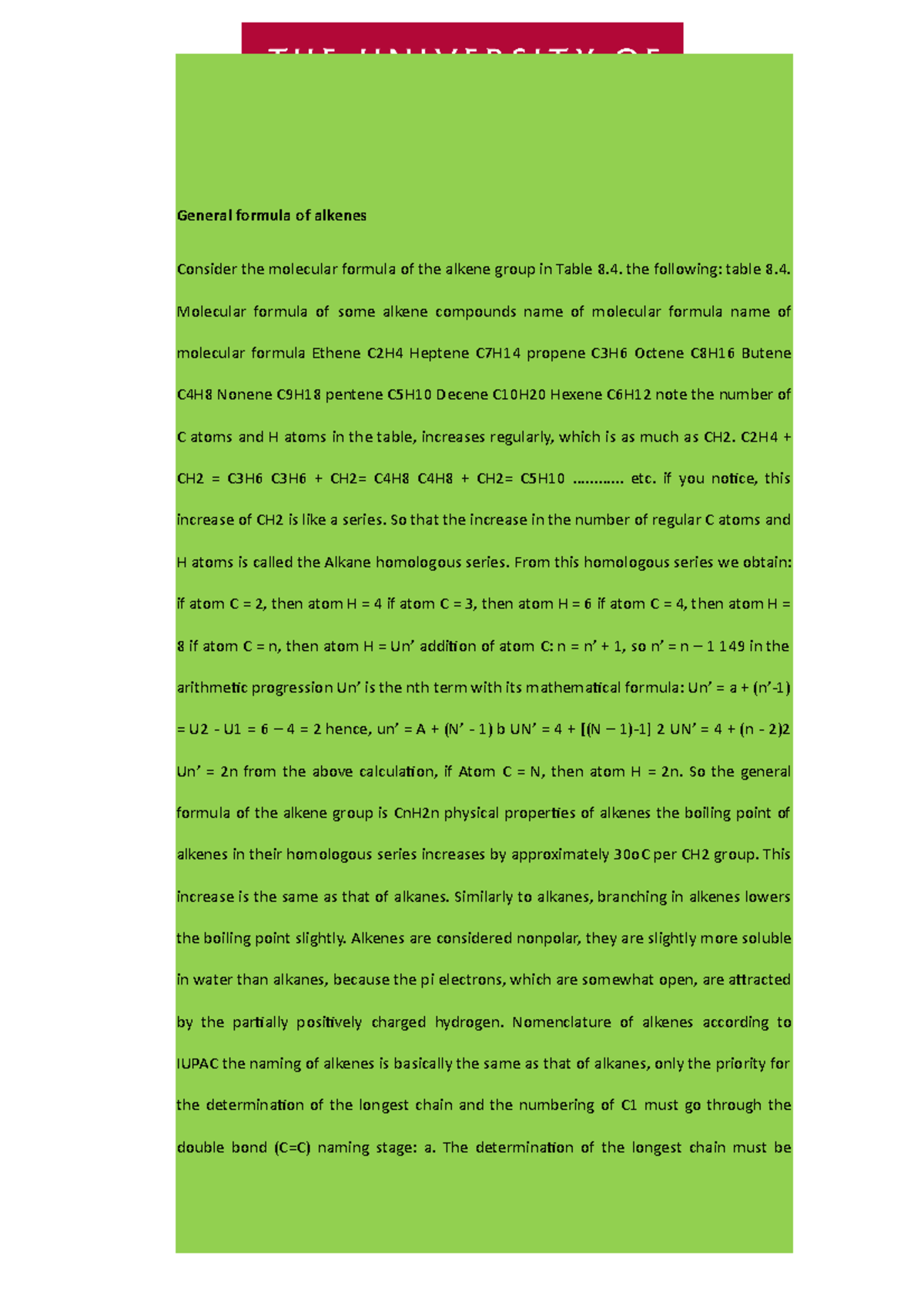 My Lecture Documents Chemistry - General formula of alkenes - General ...